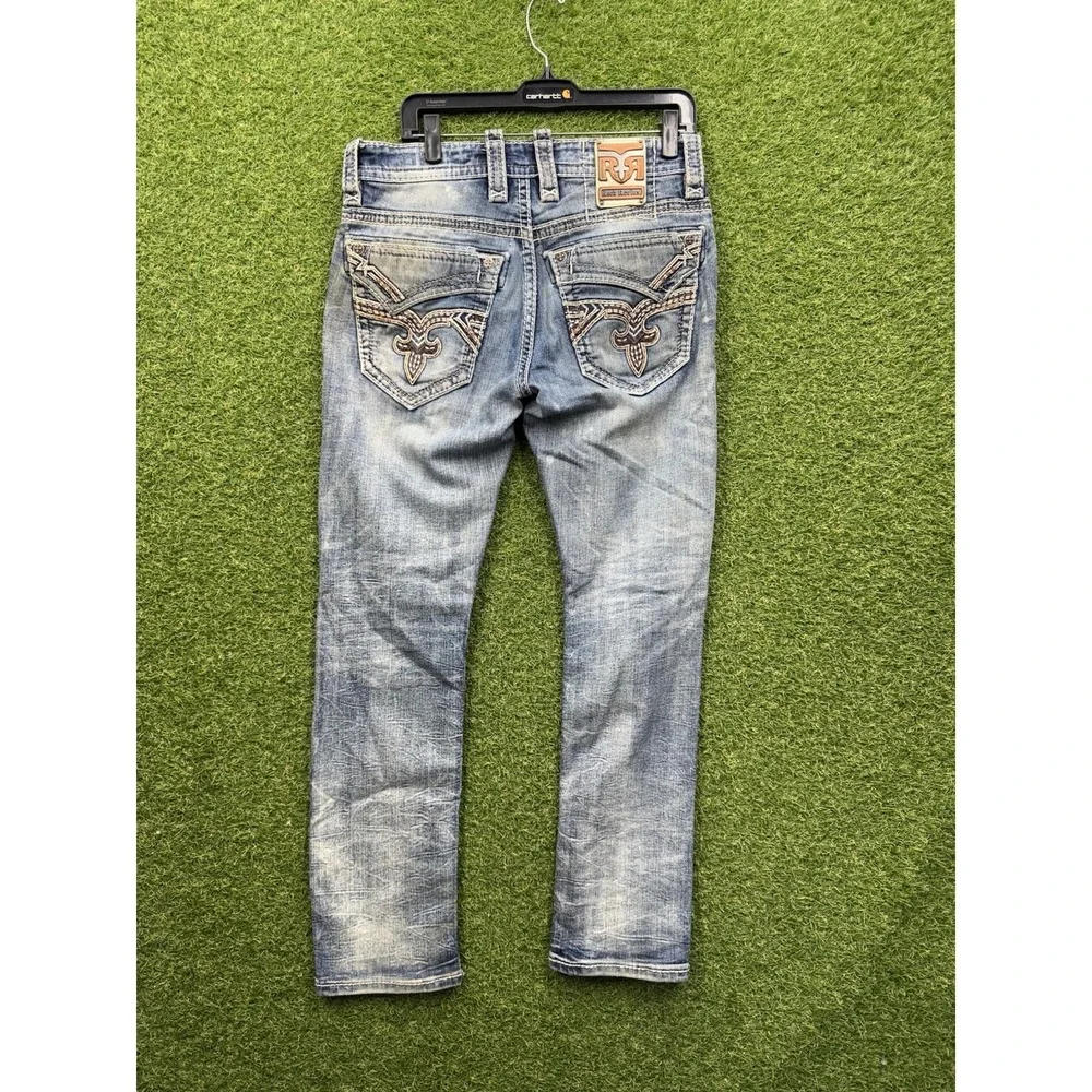 Rock Revival Jeans Men 31 Blue Priam Straight Thick Stitch Flap Pockets Grunge